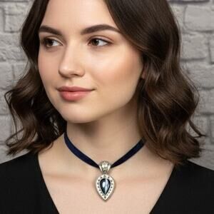 Handmade Navy Velvet Choker Necklace with Upcycled Vintage Avant Garde Pendant